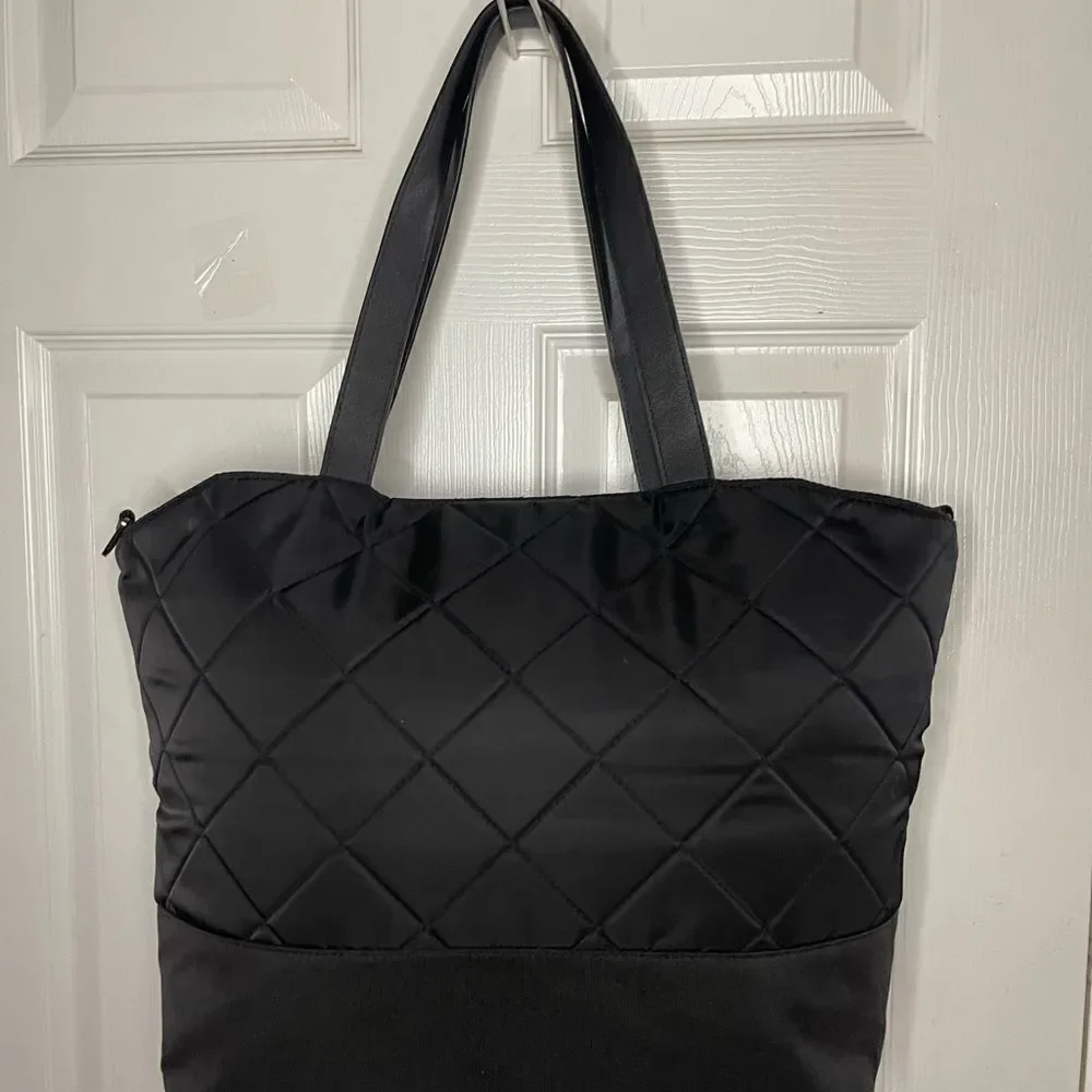 Paper Clip Black Nylon Quilted Large Diaper Bag silver tone hardwares.